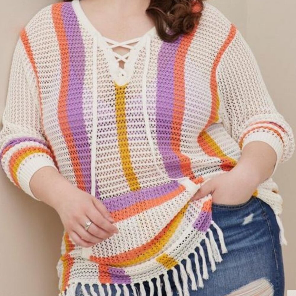 NWT Torrid Crochet Mesh Striped Pullover Lace Up Fringe Boho Tunic Beach Sz 1X
